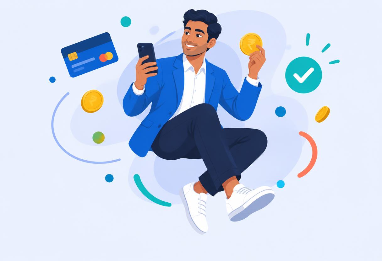 Illustration of a banking support professional at work with cards, coins and documents